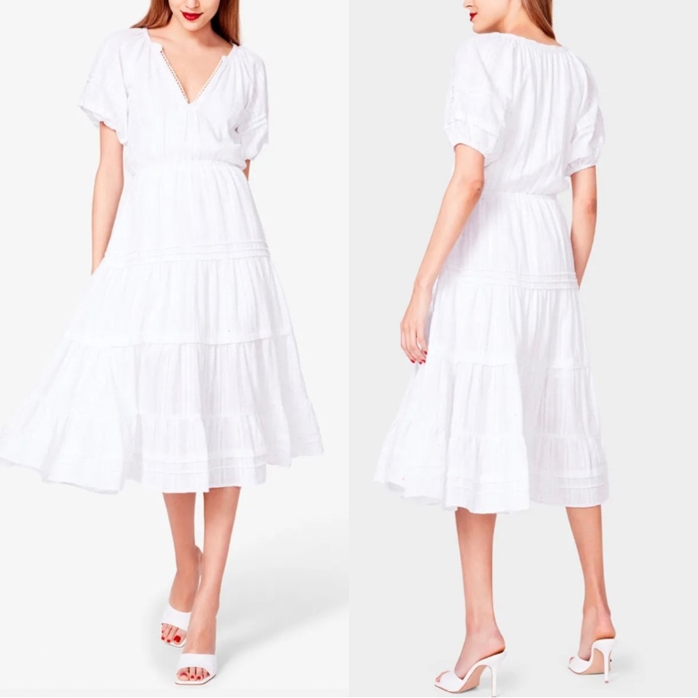 Betsey Johnson Spectator Puff Sleeve Tiered Speckled White Midi Dress - L